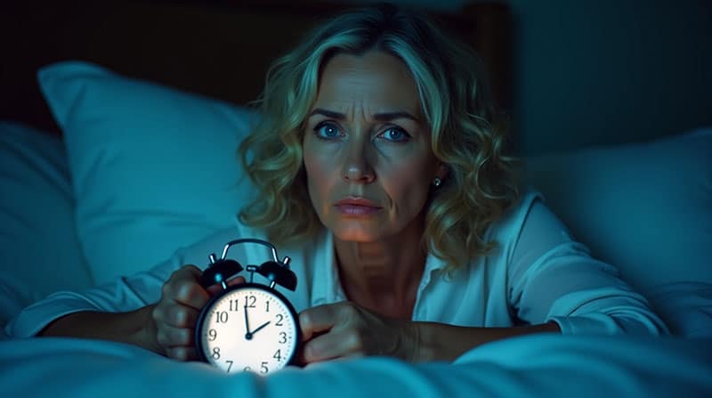 Mulher acordada de madrugada olhando o relógio às 3h