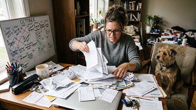 Messy paperwork and records for a pet