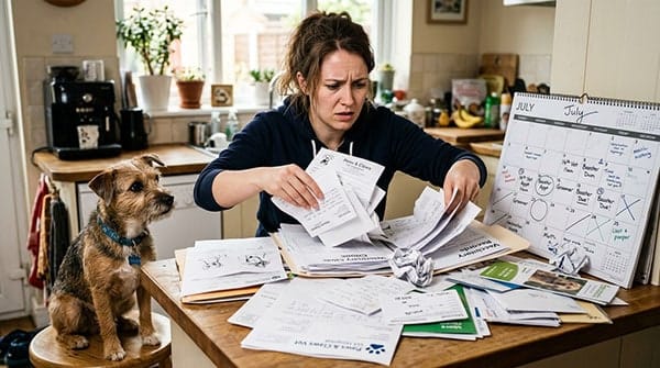 Pet health records scattered across papers and notes