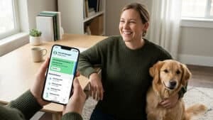 Foto de uma tutora tranquila com seu pet mostrando o app Pet Life Manager app