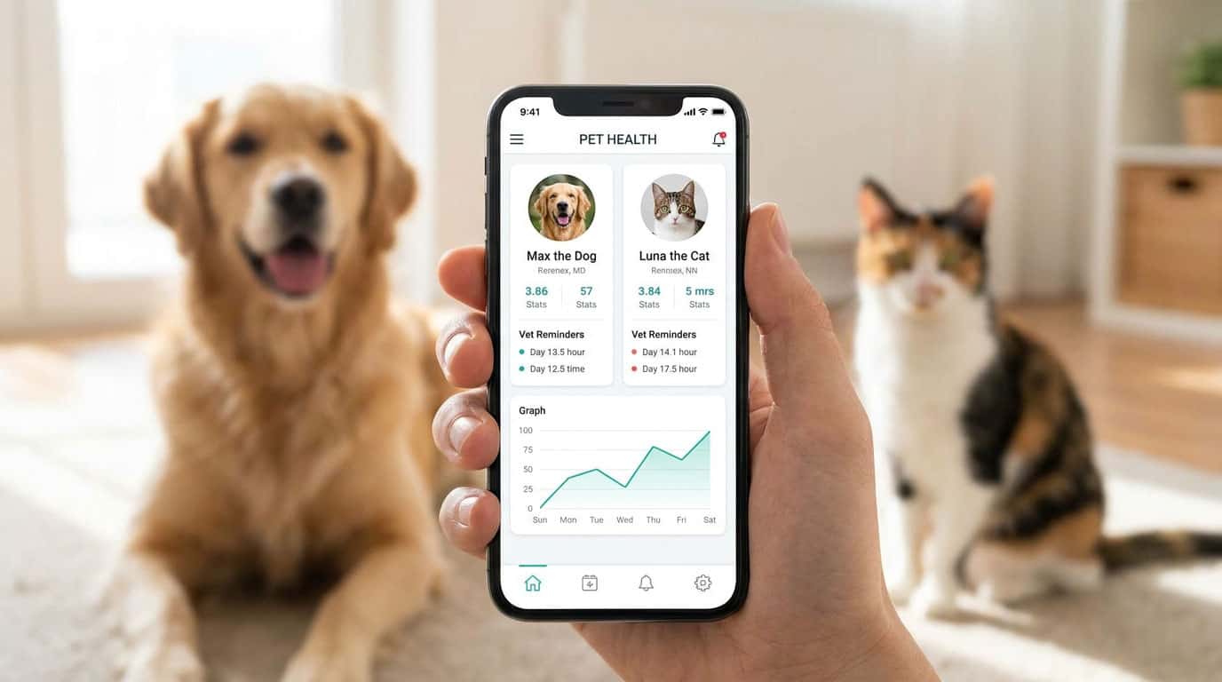 Pet saudável e feliz com app visível